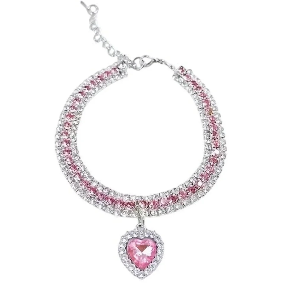 New Quirky Lizard Rhinestone Heart Collar Necklace Dog Cat XL Pink Silver Choker
